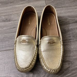 Coach Gold Leather Metallic Driving Loafers Flats